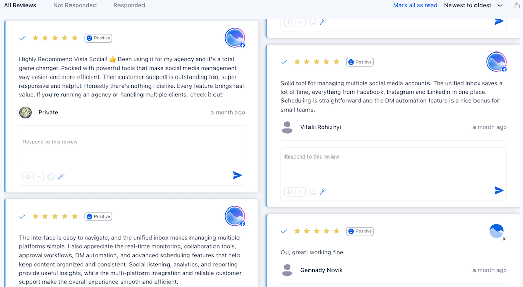 The platform's all reviews monitoring grid view displaying individual positive feedback entries and empty reply fields.