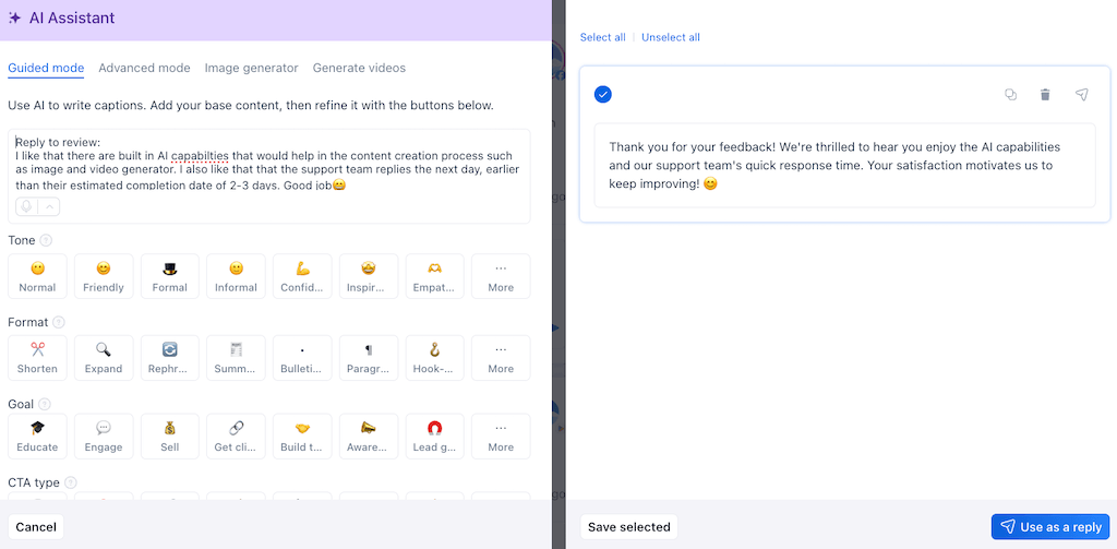 The guided mode AI Assistant interface shows selected tone adjustments and an auto-generated feedback reply text.