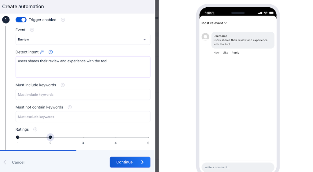 The automation trigger configuration screen beside a mock smartphone preview detailing custom rules for incoming reviews.