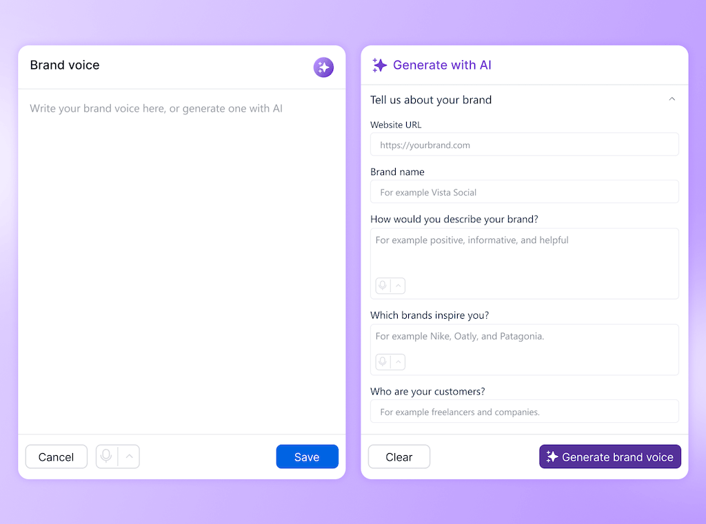 The Brand Voice settings pane featuring a plain text specification box and an AI generation prompt assistant.