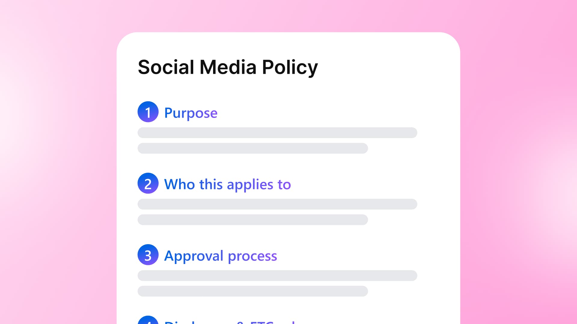 A card graphic outlining key sections of a Social Media Policy, including Purpose, Who this applies to, and Approval process.