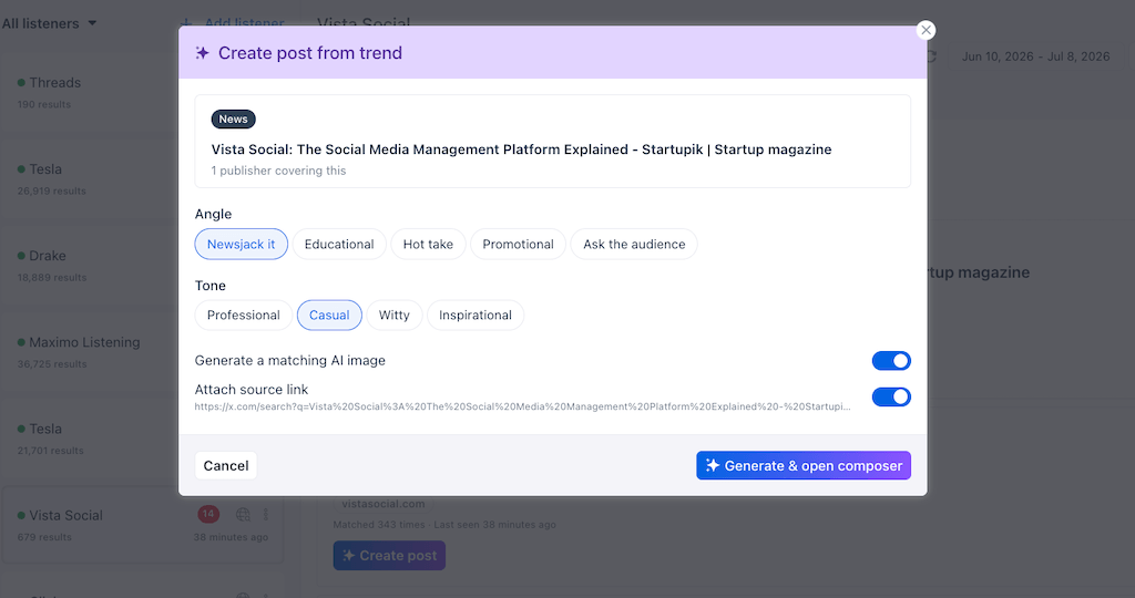 A "Create post from trend" configuration window displaying optional content angle, tone, and image generation settings.