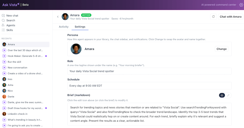 The settings configuration screen for Amara, an active daily automated social media trend spotter agent in Ask Vista.