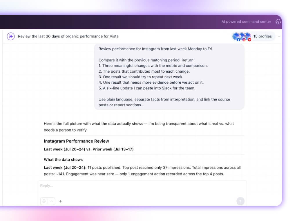 An Ask Vista chat interface executing an Instagram performance review comparing metric shifts between consecutive weeks.