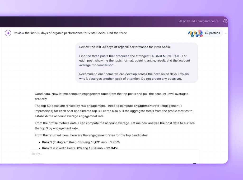An Ask Vista chat screen calculating top engagement rates for recent posts across multiple connected profiles.