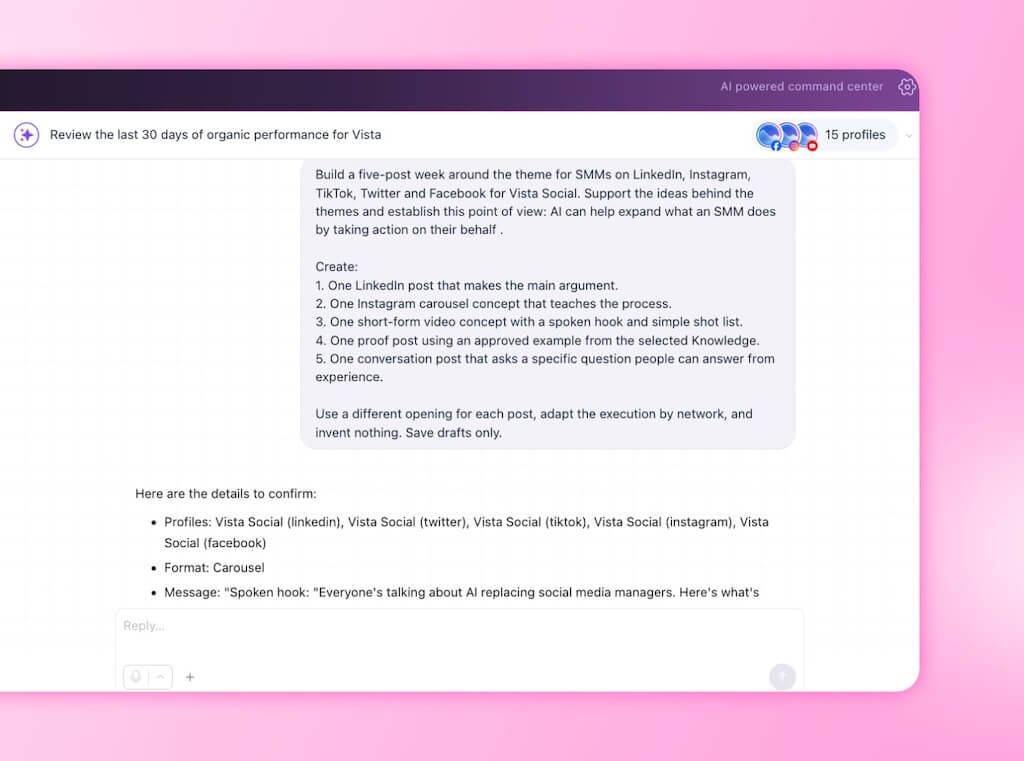 An Ask Vista chat prompt requesting a multi-platform weekly campaign strategy around social media management themes.
