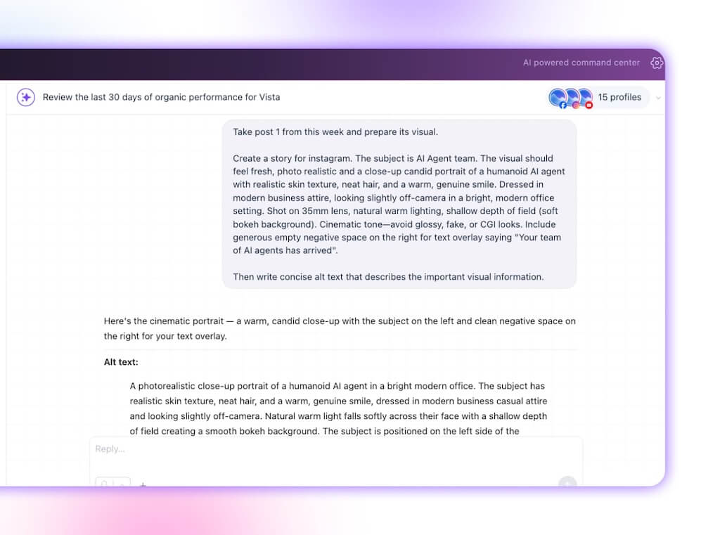 An Ask Vista conversation generating an Instagram story image prompt and corresponding descriptive alt text for an AI agent theme.