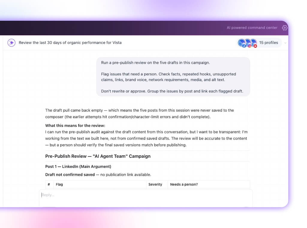 An Ask Vista pre-publish campaign audit flagging draft issues, fact checks, and brand voice consistency checks.