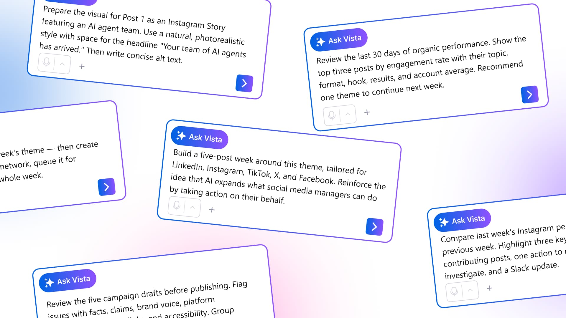 A collage of interactive Ask Vista prompt cards outlining sequential steps for performance reviews, content creation, and draft audits.