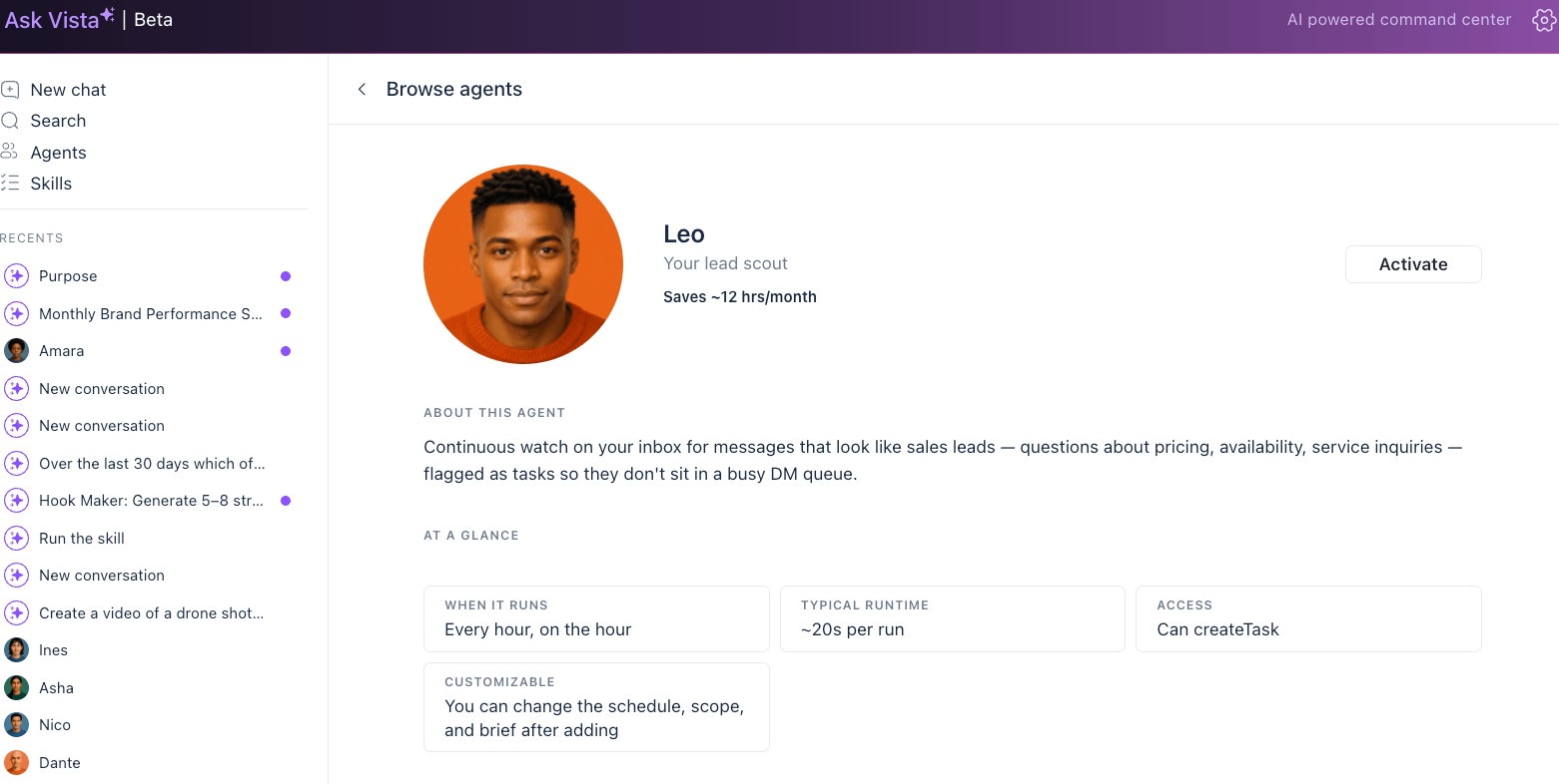 The individual profile detail page for Leo, a preset lead scout AI agent built inside the Ask Vista platform.