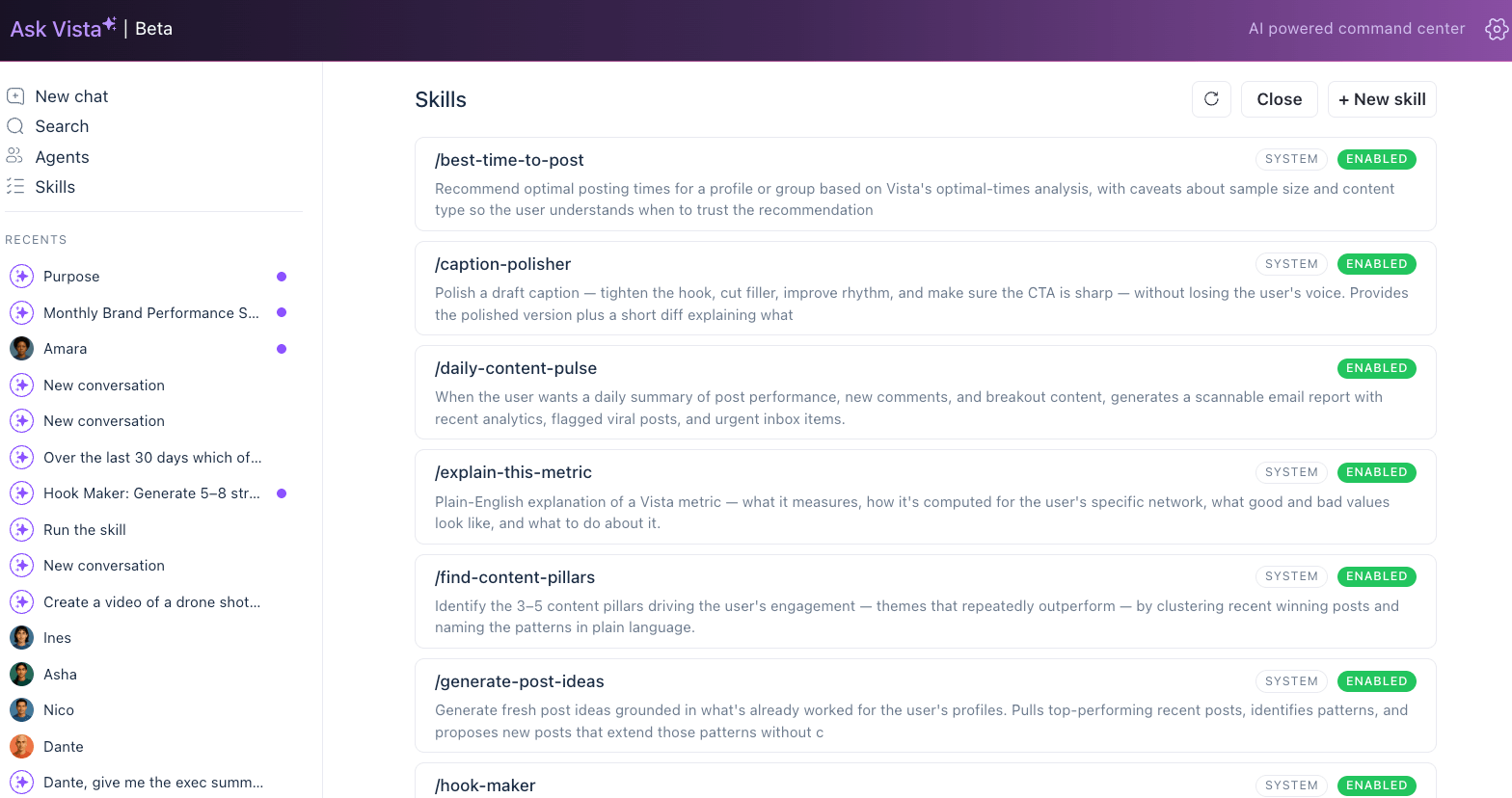 The system Skills menu directory inside Ask Vista highlights active system commands like best time to post and caption polisher.