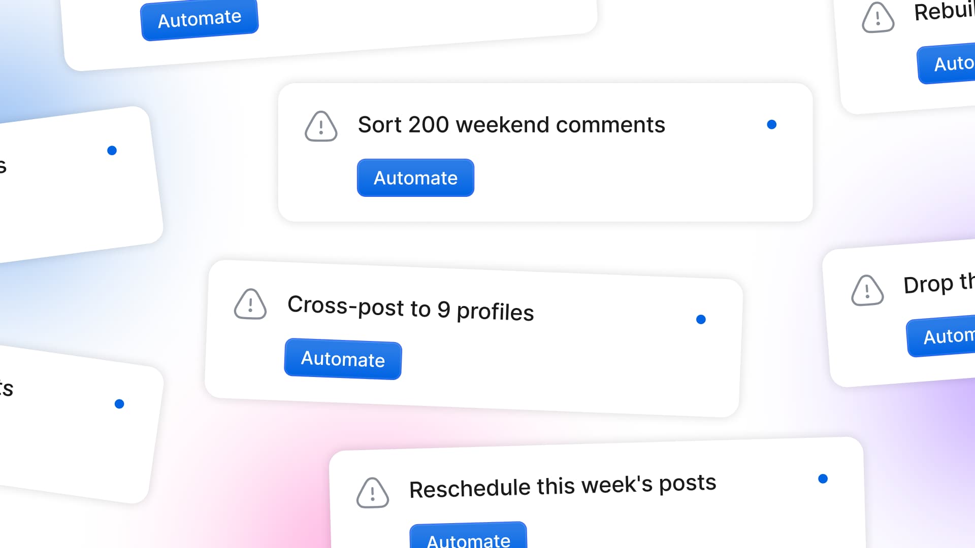 A visual collage of digital workflow task boxes displaying options like "Cross-post to 9 profiles" and blue "Automate" buttons.