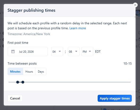 Vista Social's "Stagger publishing times" modal, showing a randomized delay range set between posts across profiles, with time zone and first post time fields.