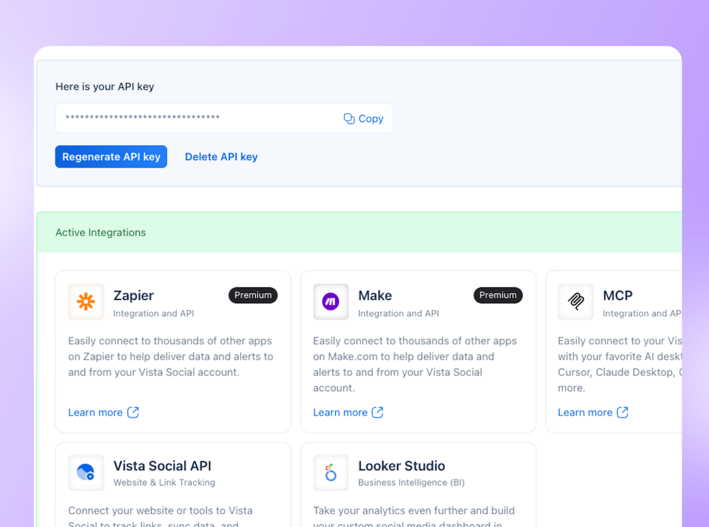 The API Key and integrations management dashboard featuring active connections for Zapier, Make, and MCP.
