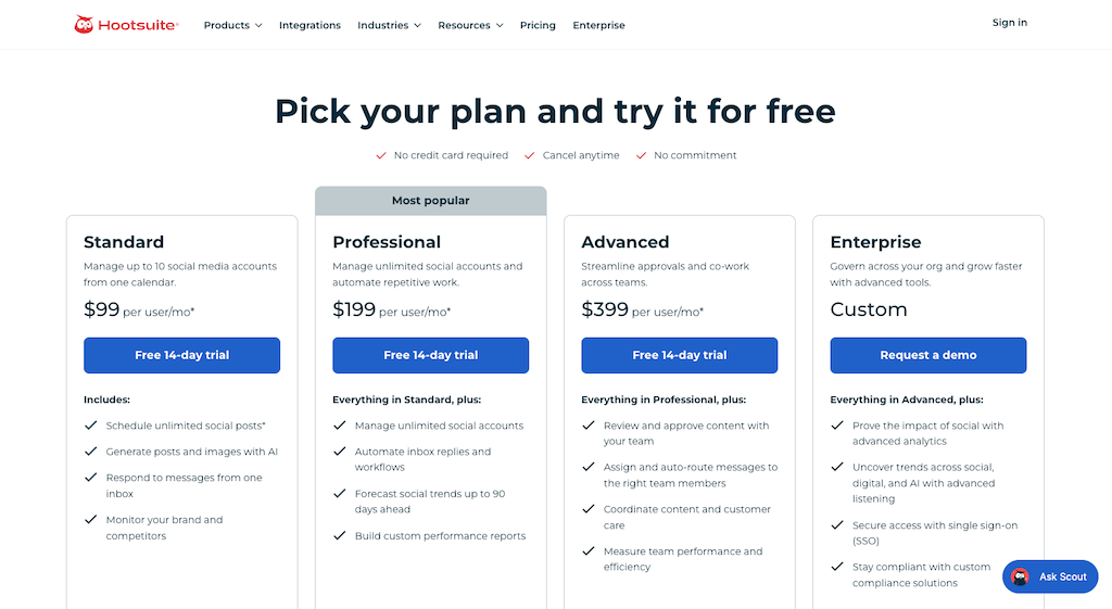 The pricing plan selection page for Hootsuite detailing Standard, Professional, Advanced, and Enterprise tiers.