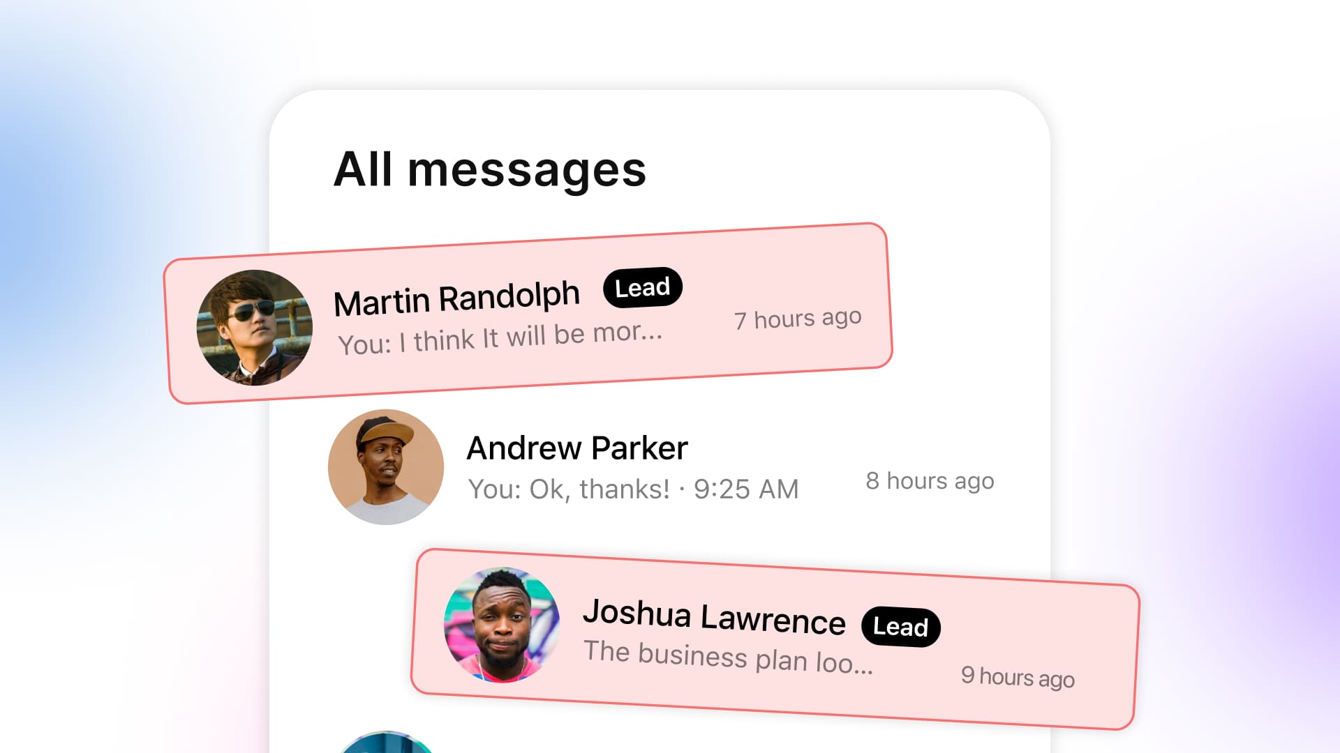 An inbox message overview displaying inbound conversations tagged with lead indicators such as Martin Randolph and Joshua Lawrence.