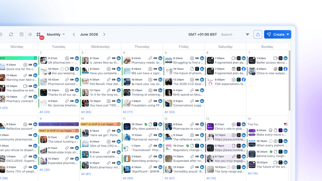 A crowded monthly social calendar view in Vista Social detailing multiple posts scheduled per day.