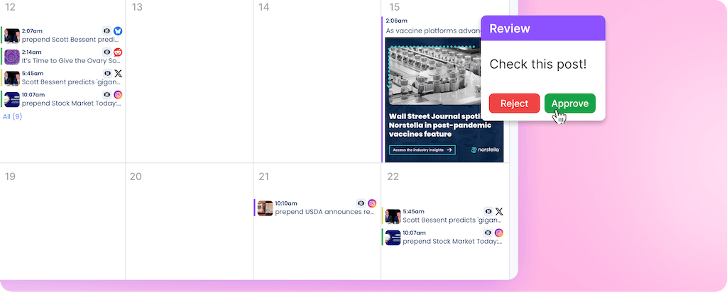 A calendar date grid showing an approval popup card hovering over a scheduled Norstella post.