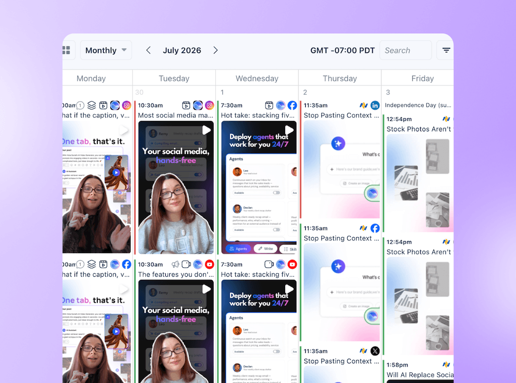 The monthly content calendar view in Vista Social displaying scheduled posts across multiple connected channels.