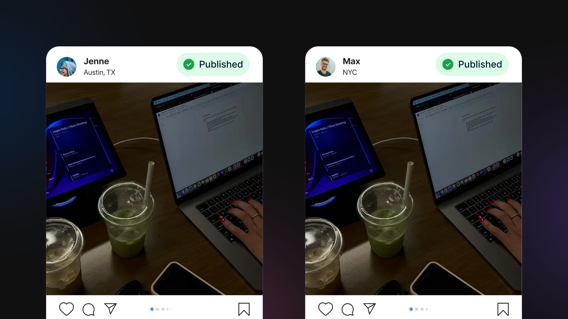 A side-by-side comparison of duplicate social media posts published by Jenne and Max showing identical image content.