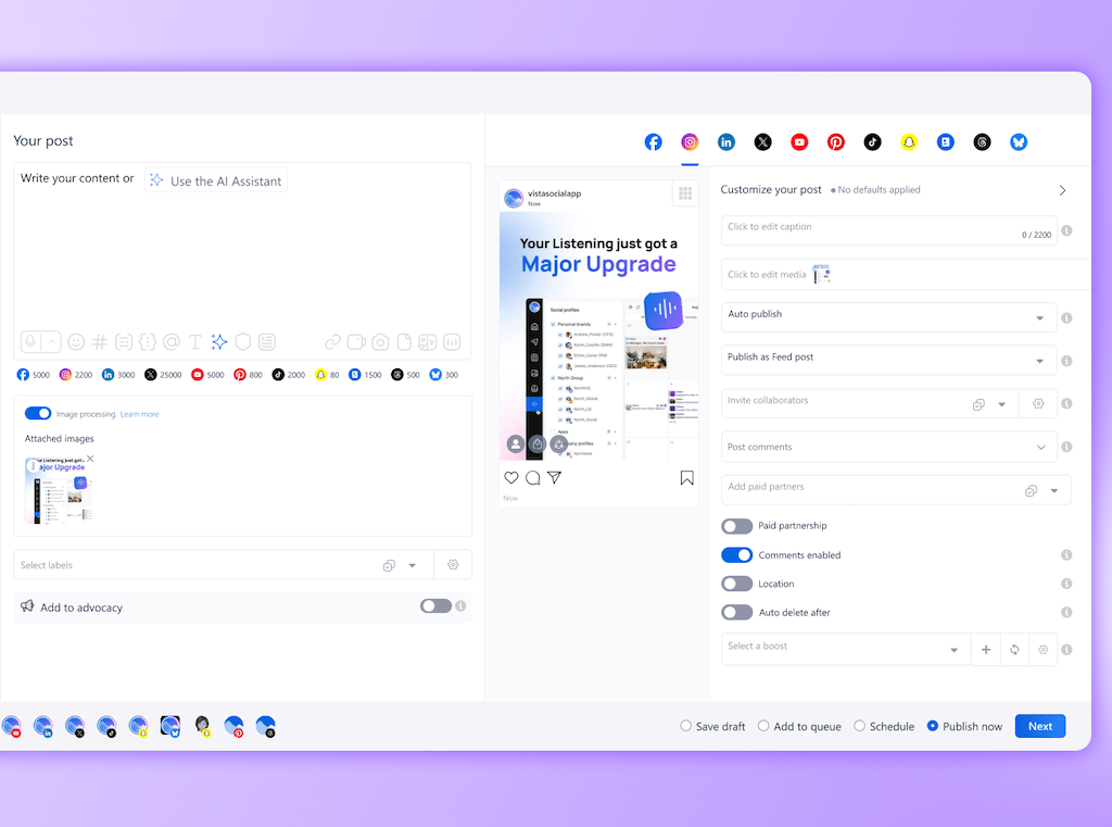 The post publisher composer view in Vista Social shows draft content inputs, media previews, and platform customization toggles.