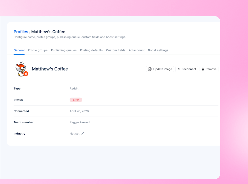 The Profiles configuration page for Matthew's Coffee showing a Reddit profile connection in an error status state.