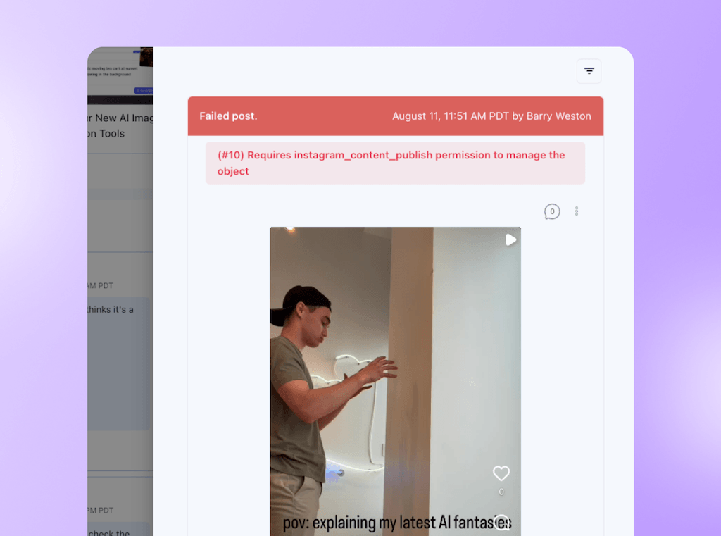 A publishing failure log notification detailing an Instagram API permission error (#10) for a video post.
