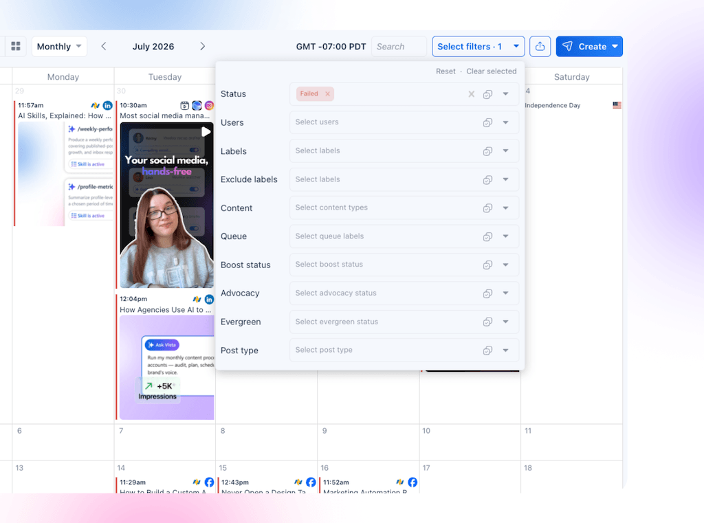 The monthly content calendar view in Vista Social with a filter applied specifically for failed status posts.