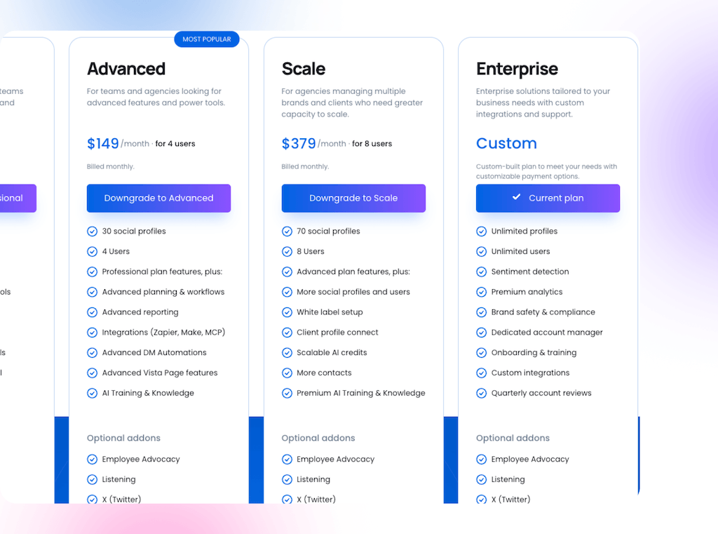 The Vista Social pricing matrix focusing on Advanced, Scale, and Enterprise plan features and integrations.