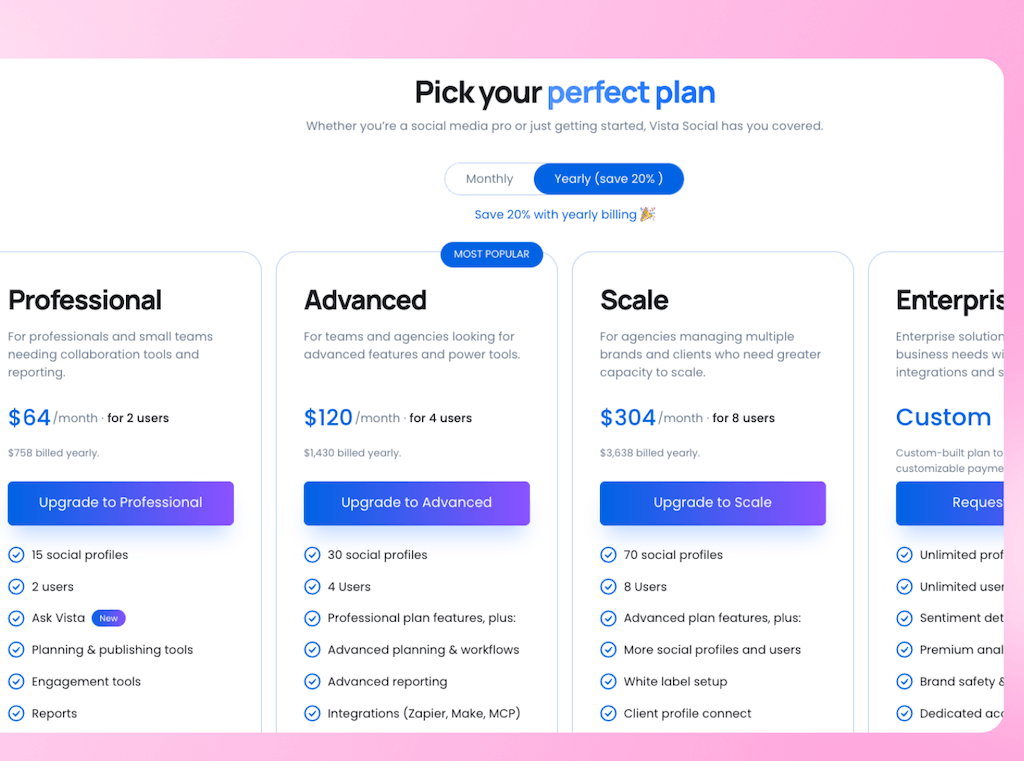 The Vista Social pricing page displaying tiered subscription options including Professional, Advanced, Scale, and Enterprise plans.