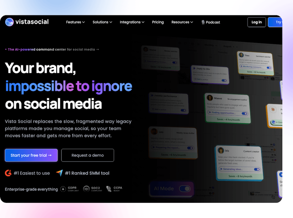 The landing page hero section for Vista Social featuring main product positioning copy and call-to-action buttons.