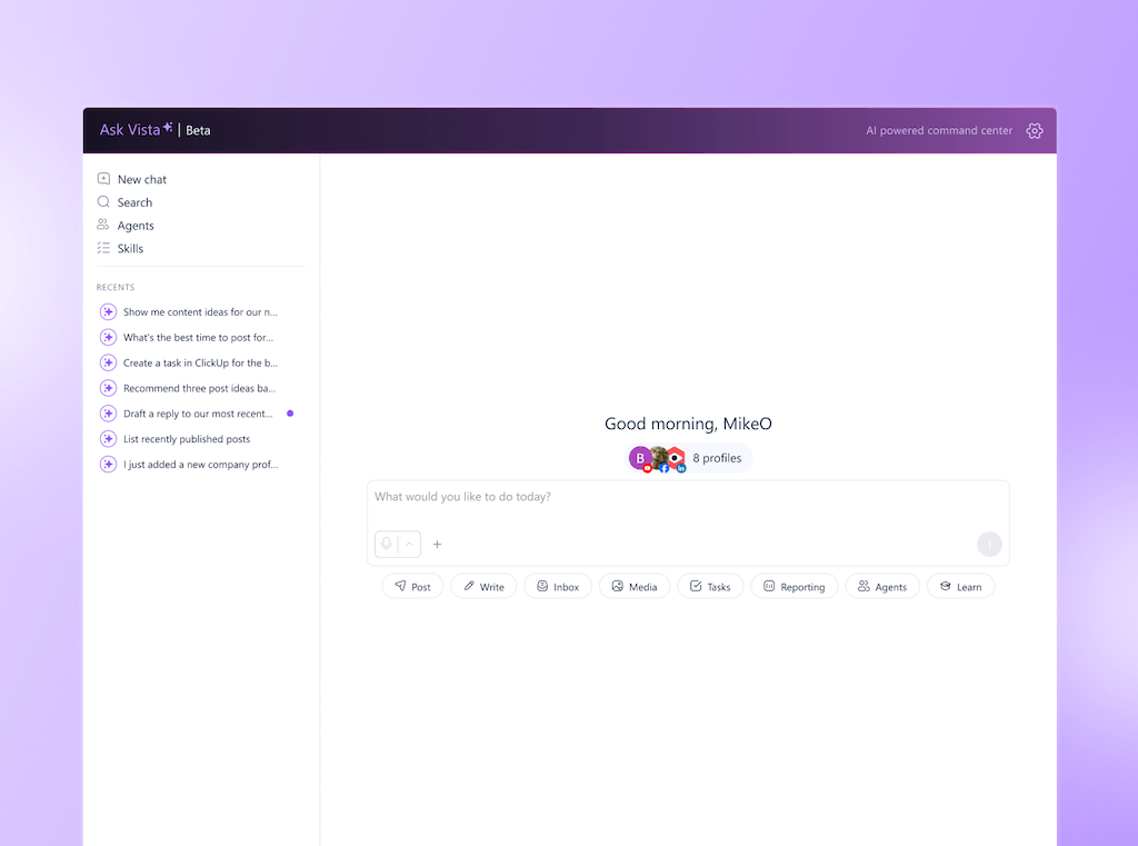 The Ask Vista AI command center homepage features quick action buttons and a prompt entry box.