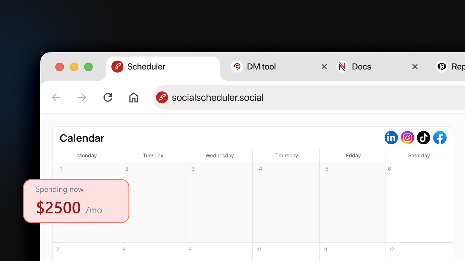 A browser window frame illustrating multiple open tabs for separate social tools alongside a monthly cost indicator badge.