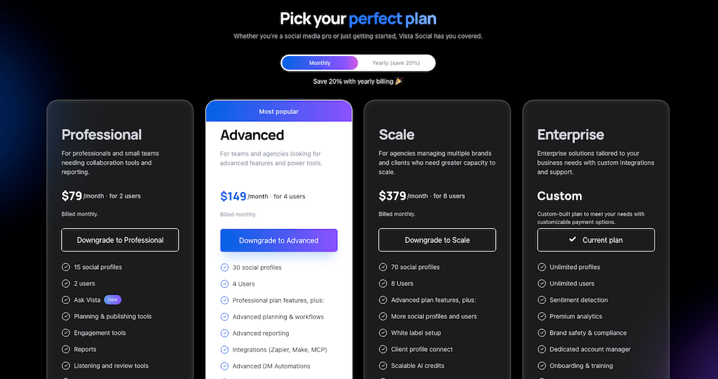 The dark mode pricing table page for Vista Social displaying Professional, Advanced, Scale, and Enterprise plans.