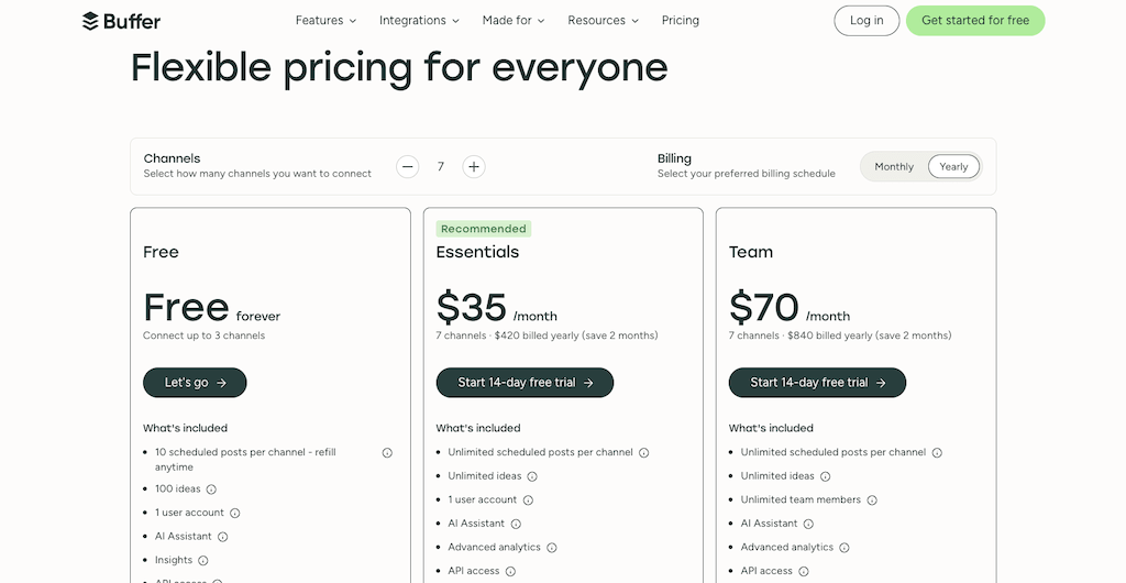 The pricing plan selection page for Buffer showing Free, Essentials, and Team subscription options.