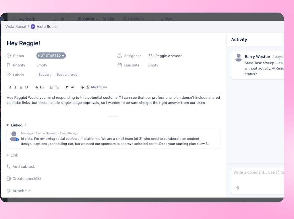 A detailed task management card in Vista Work displaying assignee fields, description text, and a linked customer message.