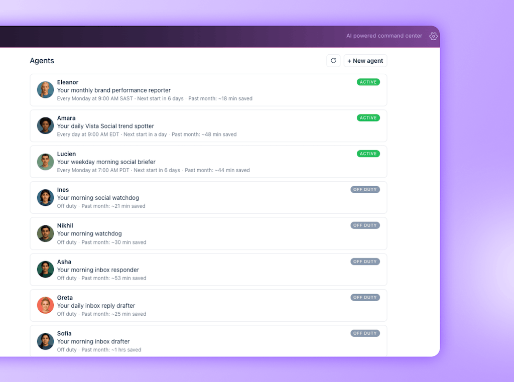 The Agents overview dashboard within Ask Vista sorting continuous status cards into active and off-duty lists.