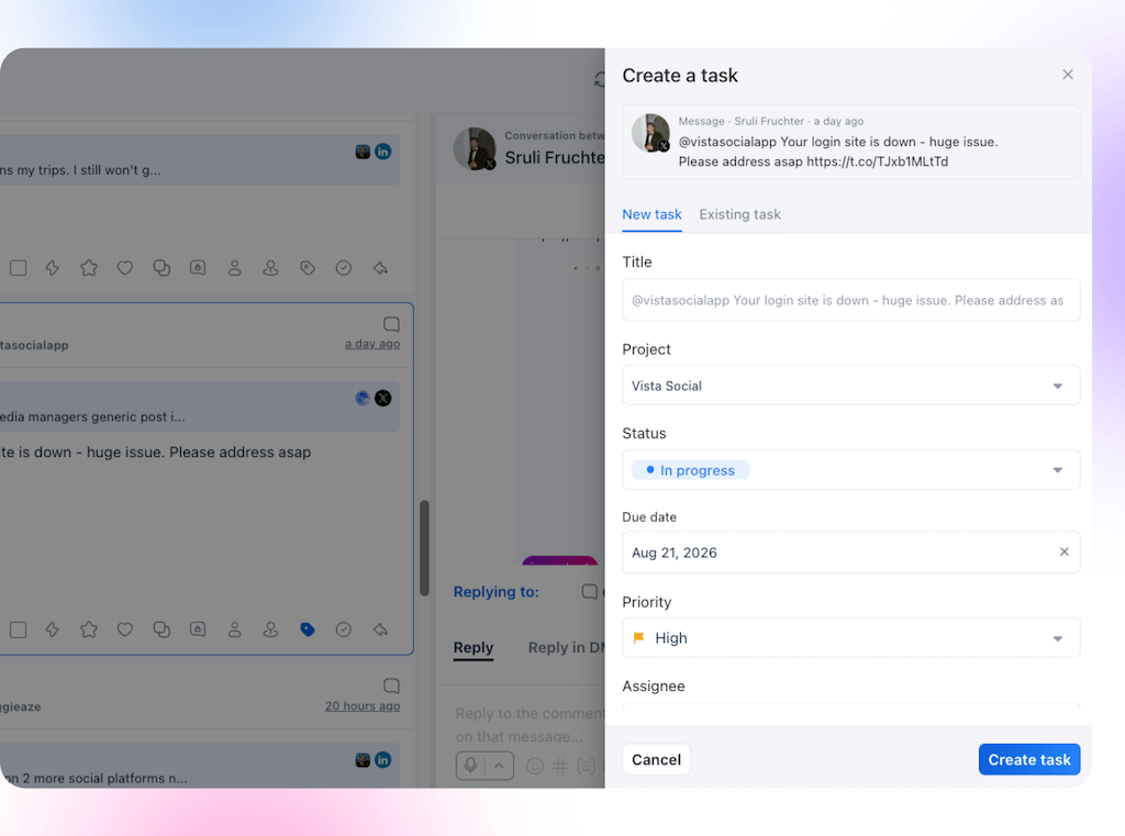 A task creation dialog overlay in Vista Work converts an incoming user social message into an actionable issue task.