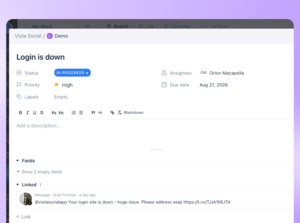 A detailed task view in Vista Work showing an active high-priority login issue linked to an incoming user comment.