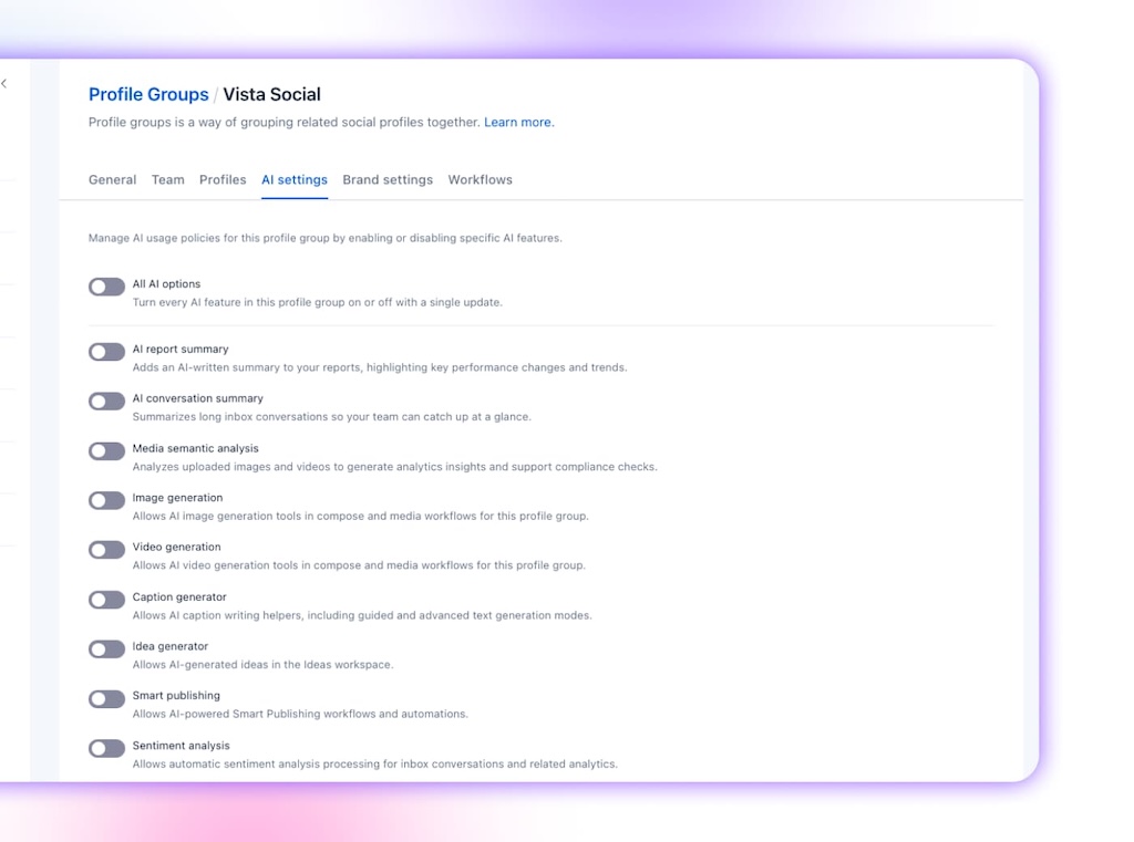 The AI Settings tab under Profile Groups showing all platform AI feature toggles switched off simultaneously.
