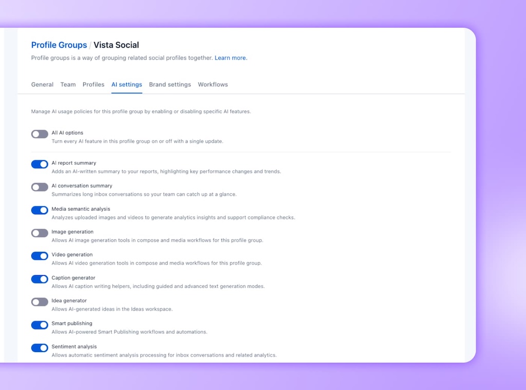 The AI Settings management tab demonstrates a custom configuration with selective AI feature toggles enabled and disabled.