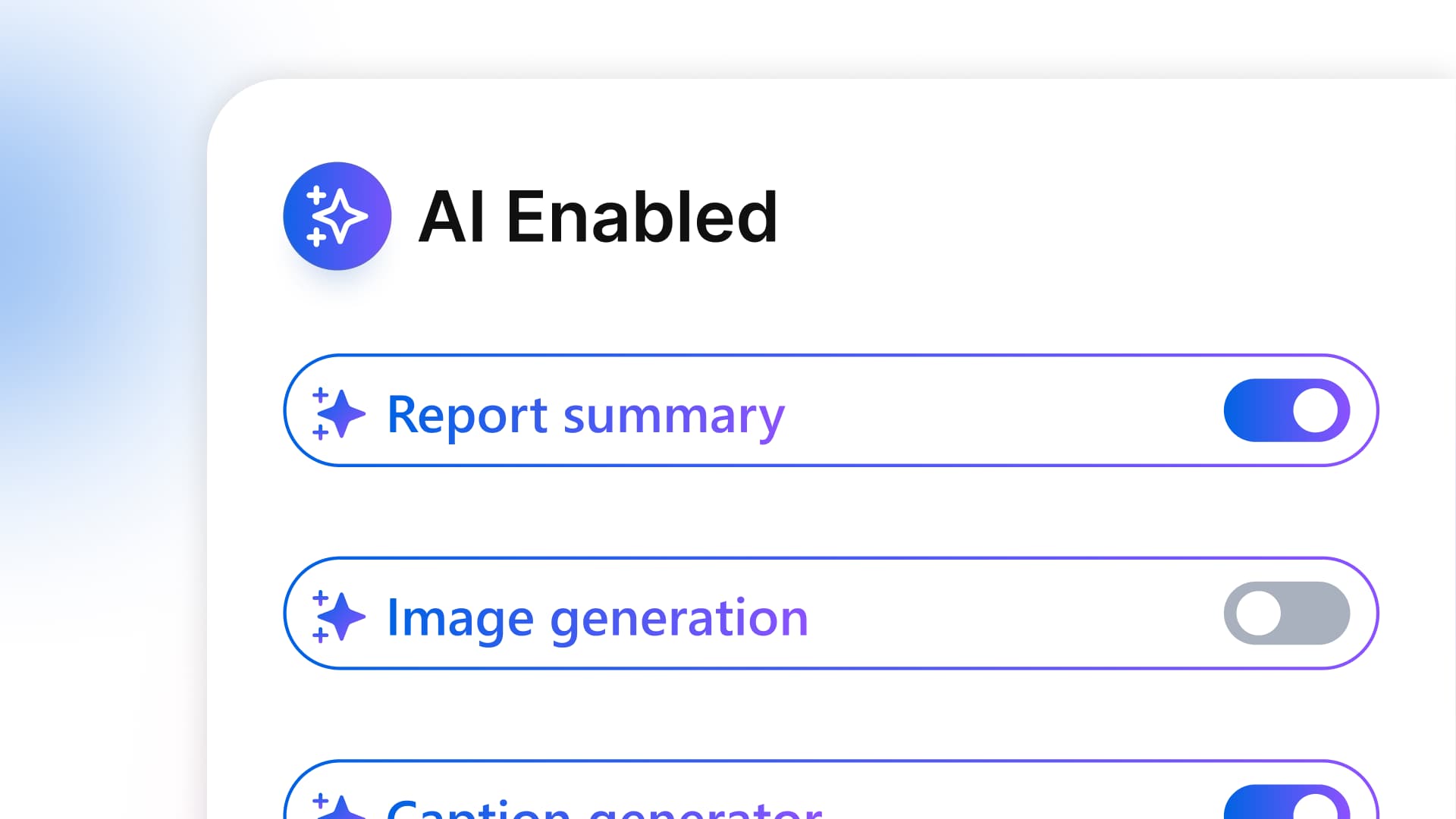 An AI Enabled status settings card featuring toggle controls for report summaries, image generation, and caption tools.