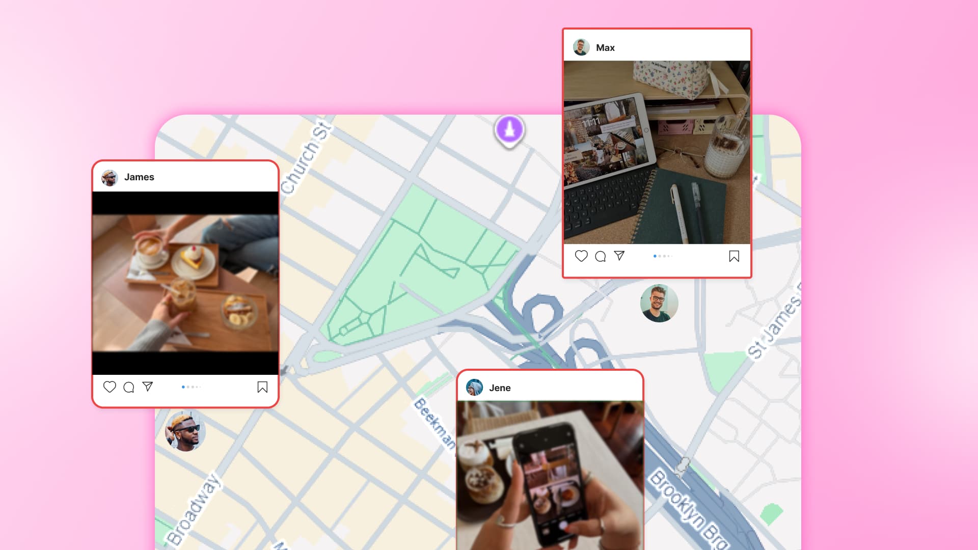 A map graphic overlay showing localized social media posts pinned to specific geographic coordinates across a city.