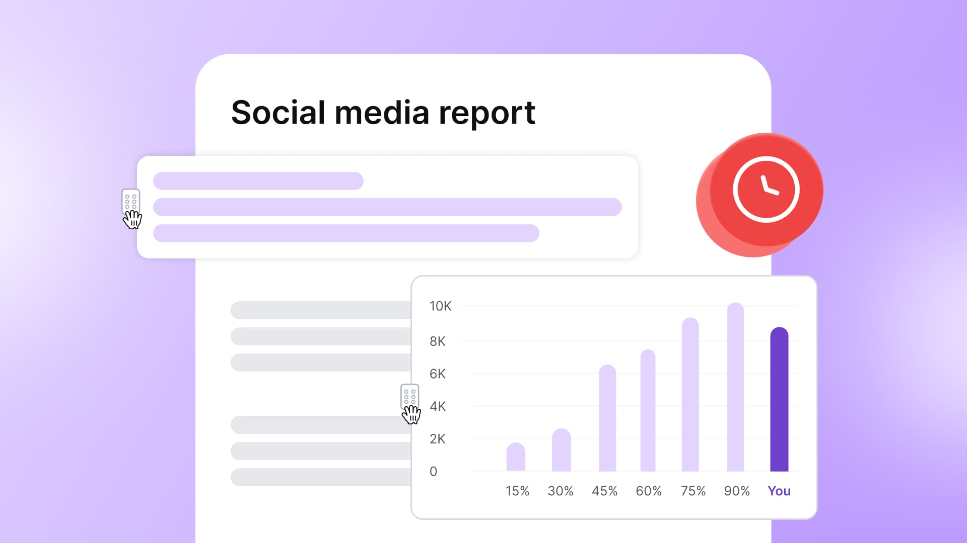 A card graphic illustrating a customizable social media report with drag-and-drop block controls and metric bar charts.