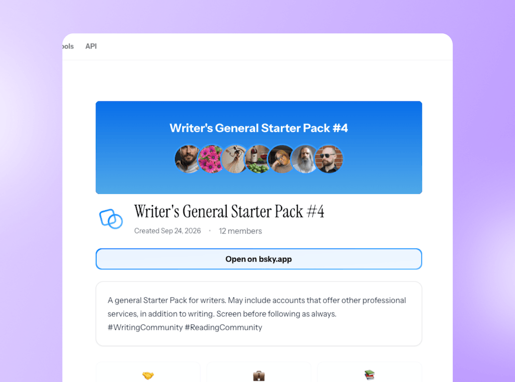 A detail view page for "Writer's General Starter Pack #4" on Bluesky featuring member profile avatars and account description notes.