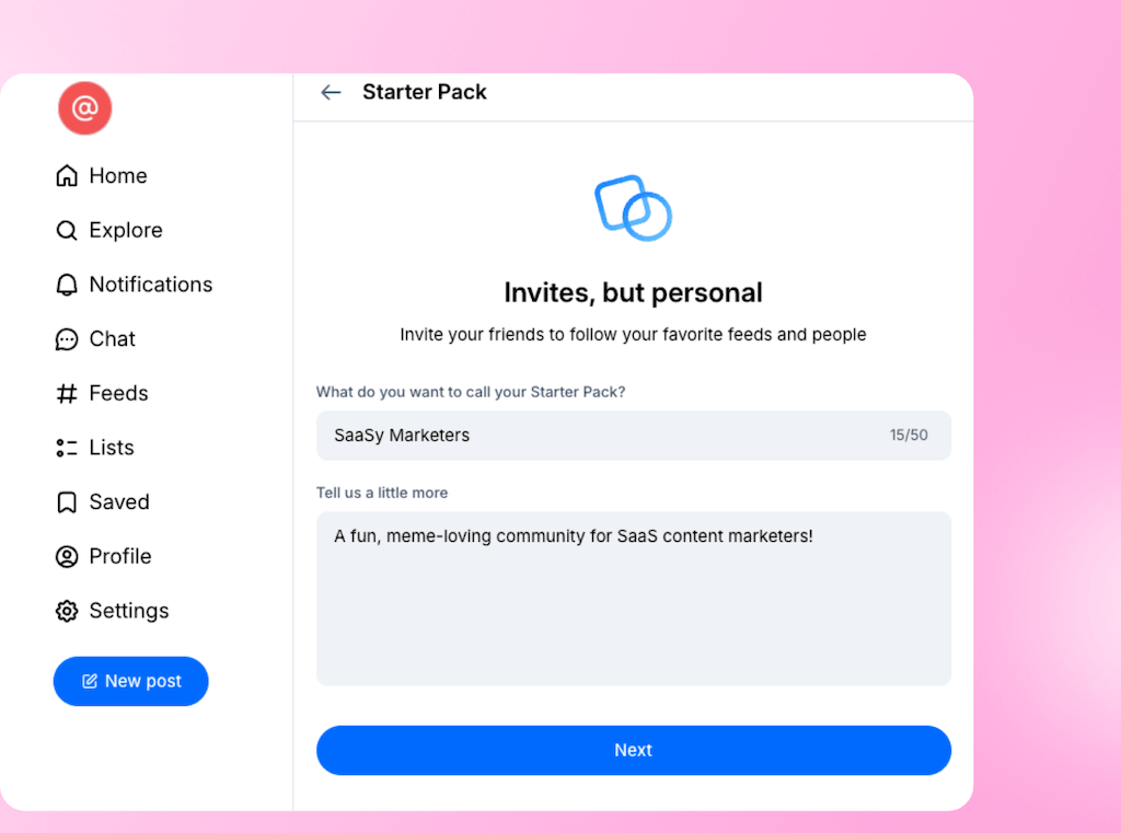 The Starter Pack creation window in the Bluesky app interface with input fields for pack name and community description.