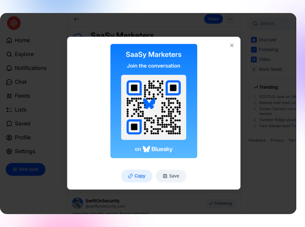 A share modal pop-up on Bluesky displaying a scannable QR code for the "SaaSy Marketers" Starter Pack.