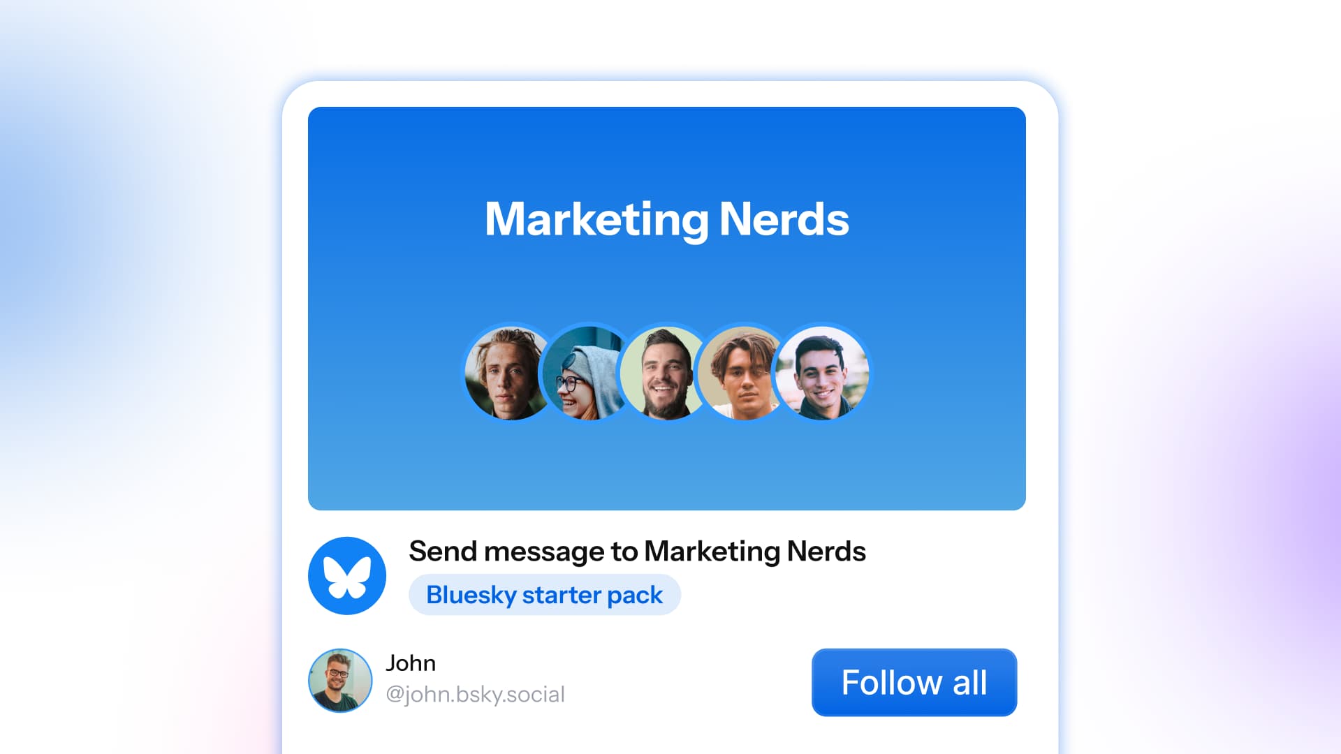 A header graphic previewing a Bluesky Starter Pack for "Marketing Nerds" with user profile avatars and a "Follow all" action button.