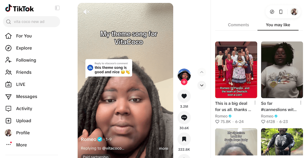 A TikTok video playback interface showing a brand partnership post and recommended content suggestions.