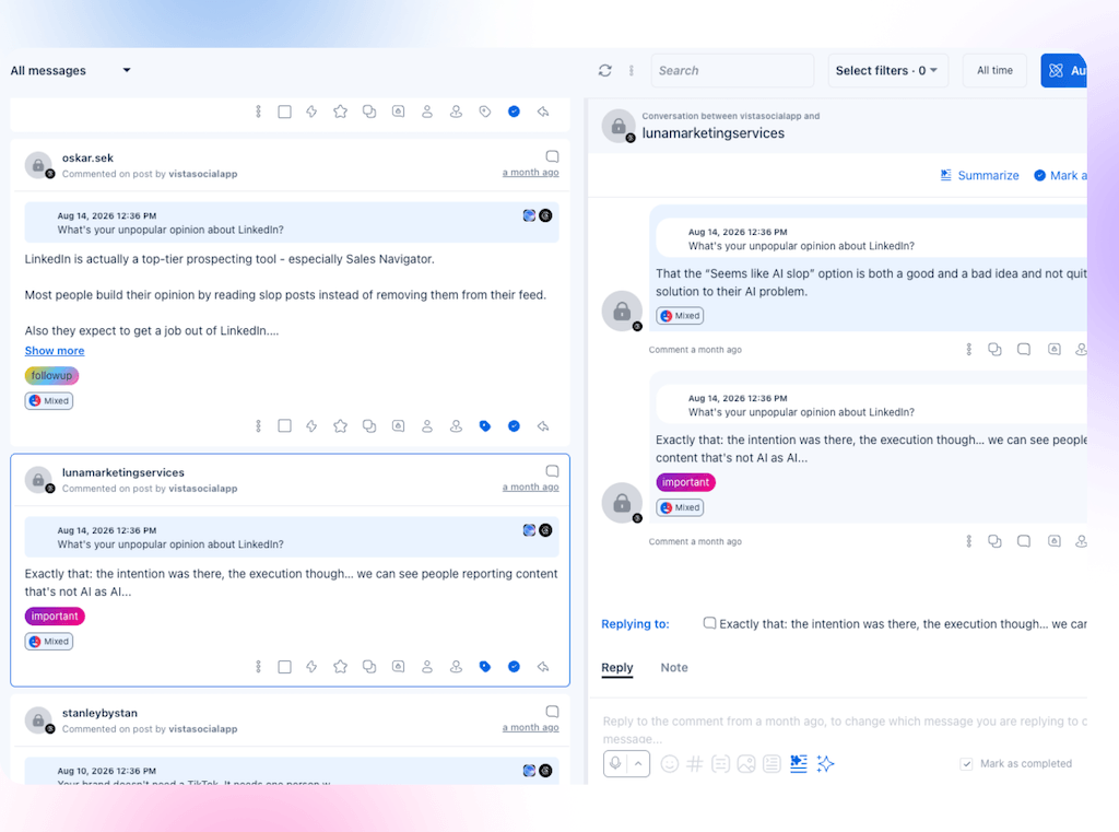 The unified inbox view in Vista Social displaying post comments and conversation threads from connected social profiles.